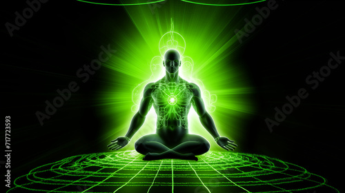 Body of light radiating vibrant rays of green energy from heart chakra