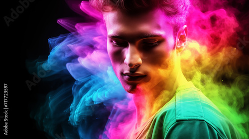 portrait of a man in a rainbow of colored smoke