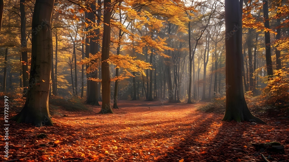 A tranquil image of a forest blanketed in autumn leaves, capturing the essence of the changing seasons