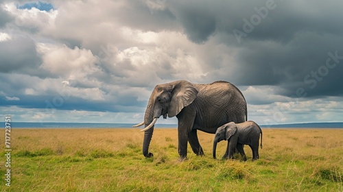 Elephant with Calf in Open Field in Cloudy Weather