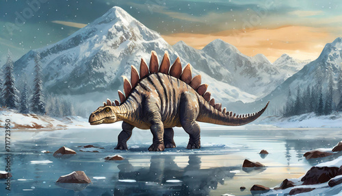 Stegosaurus dinosaur walks alone into cold lake  art design