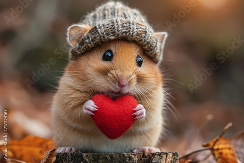 Fall Fashion: A Cute Hamster in a Beanie and Heart-Shaped Pouch Generative AI