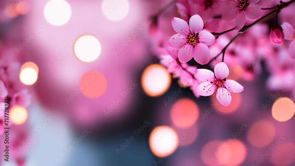Blooming sakura on a pink background with blurred bokeh.