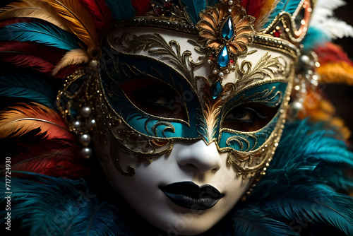 Women wearing luxury carnival masks decorated with feathers, gold, and jewelry. Close up..Generative Ai