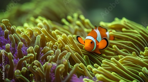 Generative AI : A colorful orange clownfish finds safety among it's host green and purple anemone in Raja Ampat, Indonesia