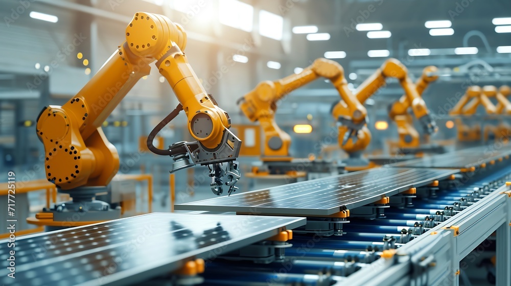 Generative AI : Large Production Line with Industrial Robot Arms at Modern Bright Factory. 
