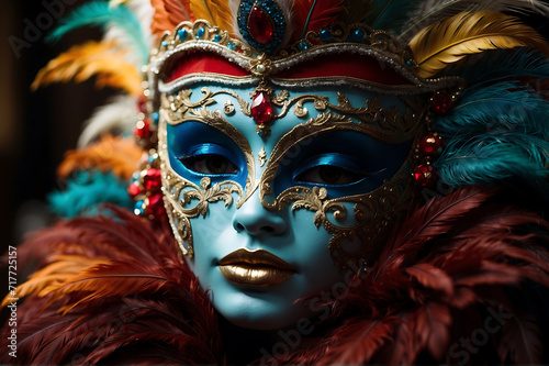 Women wearing luxury carnival masks decorated with feathers, gold, and jewelry. Close up..Generative Ai