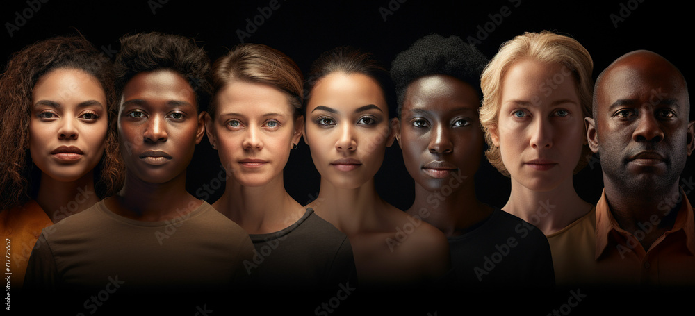 face portrait of diverse people together looking straight multiracial concept