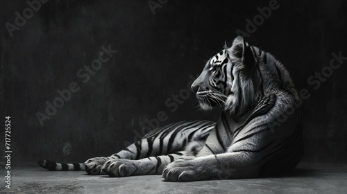 a black and white photo of a tiger laying down 