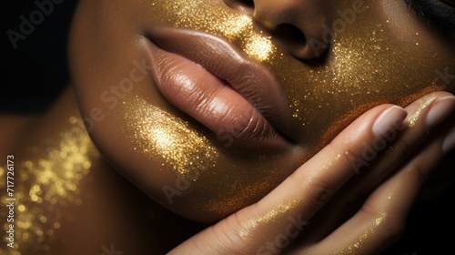 Woman With Gold Glitter Adorned Face Sparkling and Shimmering in Natural Light. Makeup, beauty care concept. Banner for spa salon.