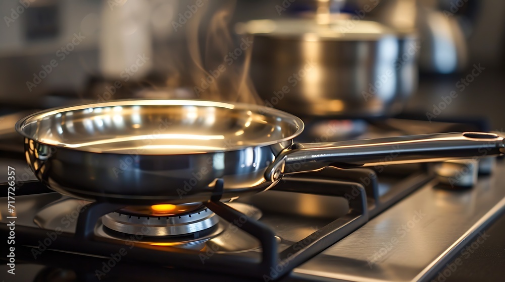 Generative AI : stainless pan on the hob, cooking on a gas stove, the cost of gas in Europe Generative AI : stainless pan on the hob, cooking on a gas stove, the cost of gas in Europe