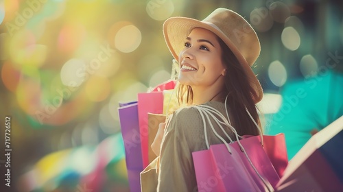 Generative AI : Woman in shopping. Happy woman with shopping bags enjoying in shopping. Consumerism, shopping, lifestyle concept