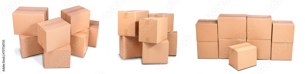  stack carton or cardboard pile or piles box isolated on white background. Online marketing packaging box and delivery