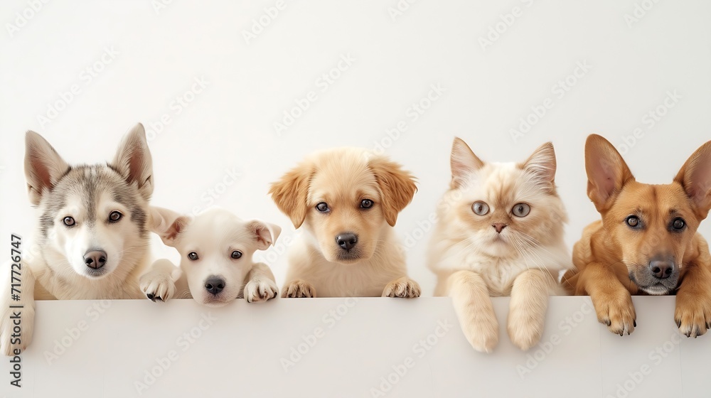 Generative AI : Common cute domestic animal pets hanging over a white horizontal website banner or social media cover