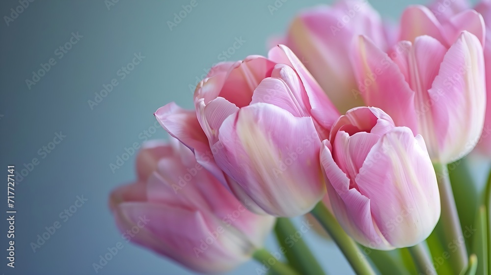Generative AI : bunch of pink tulips close up on blue banner
