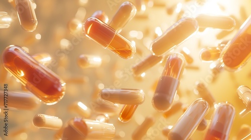 Generative AI : A group of antibiotic pill capsules falling. Healthcare and medical