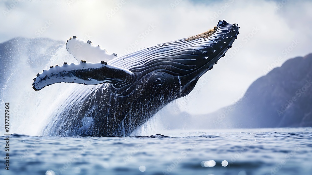 Generative AI : A magnificent humpback whale in an upright position with splashes jumped to the surface close-up - obrazy, fototapety, plakaty 
