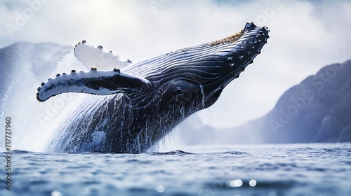Generative AI : A magnificent humpback whale in an upright position with splashes jumped to the surface close-up photo
