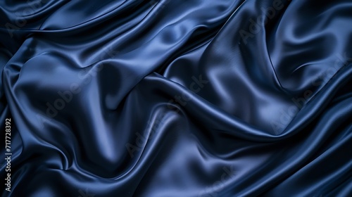 Generative AI : Dark blue silk satin. Soft folds. Fabric. Navy blue luxury background. Space for design.Wavy lines.Banner. Wide.Long. Flat lay, top view table. Beautiful. Elegant. Birthday, Christmas,