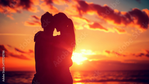 love and sunset with a couple in embrace