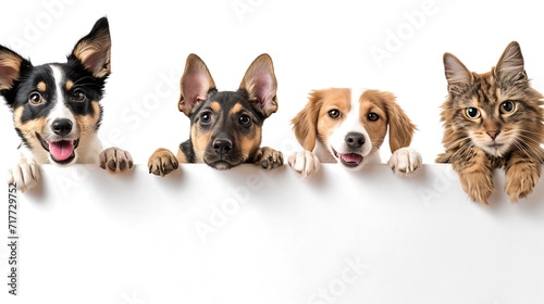 Generative AI : Funny happy dogs and cats peeking over blank white web banner photo