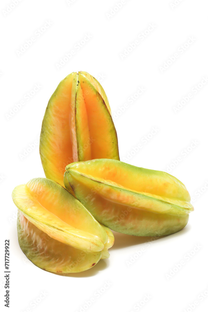 Three fresh organic star fruit delicious isolated on white background clipping path