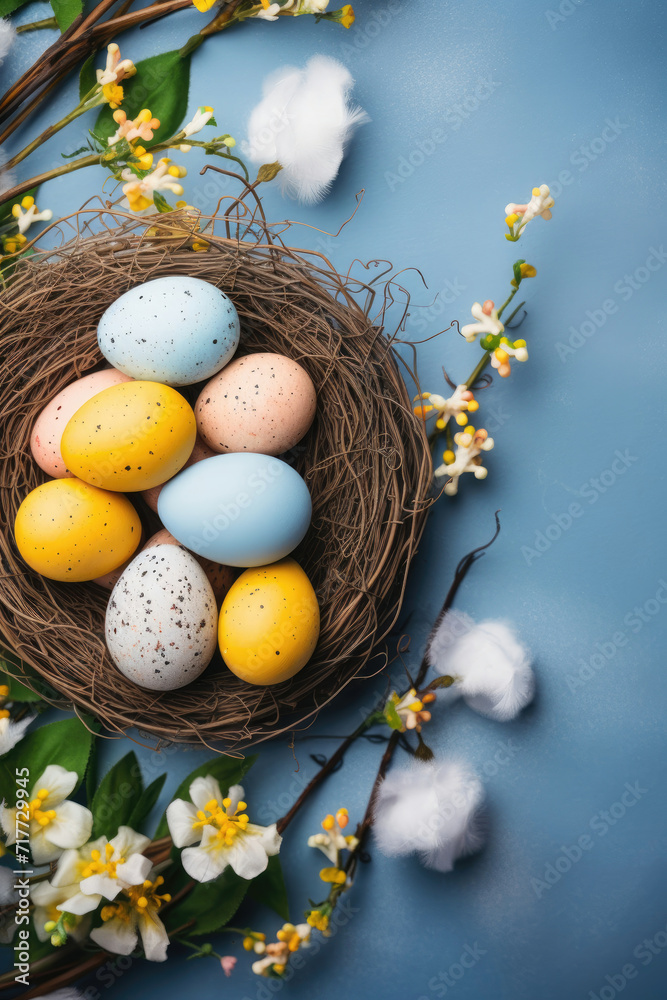 Birds Nest With Eggs and Flowers on Blue Background