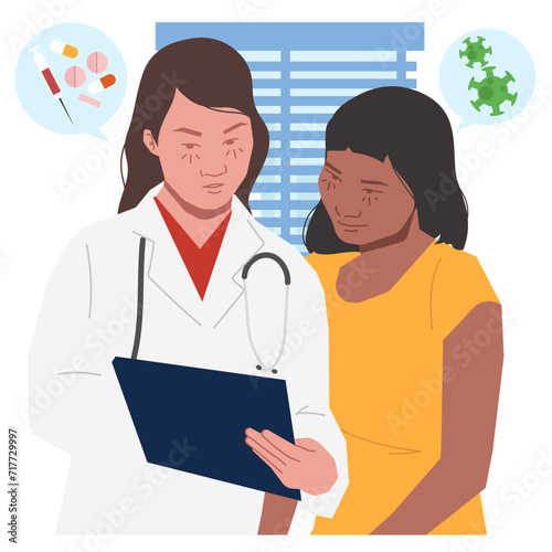 women doctor with patient in flat illustration