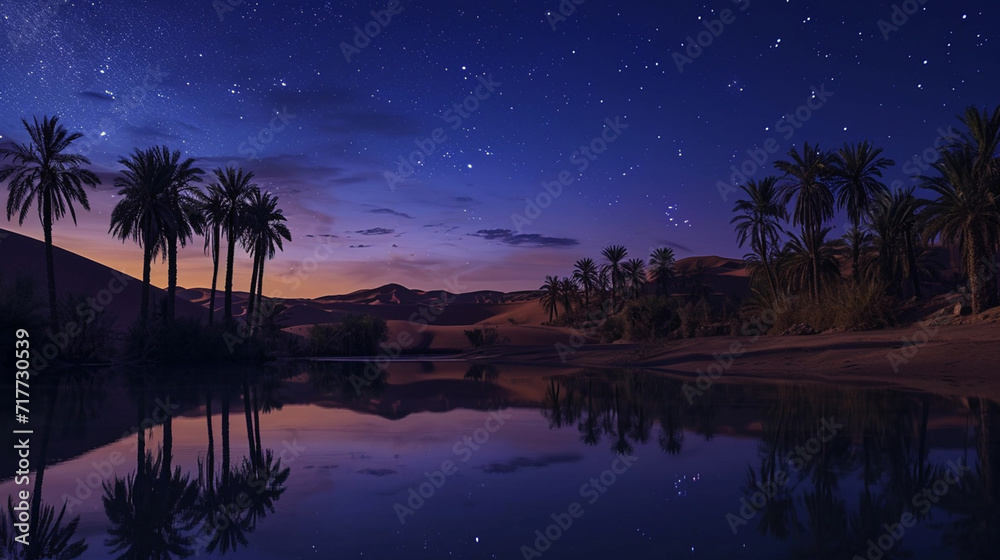 An oasis in the desert at night