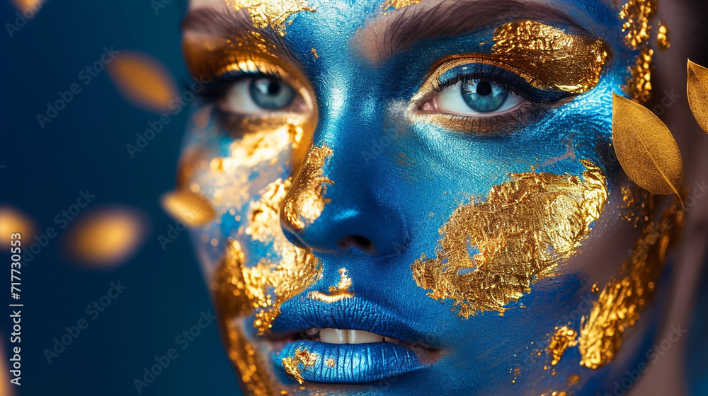 A beautiful girl with a face painted in blue and gold