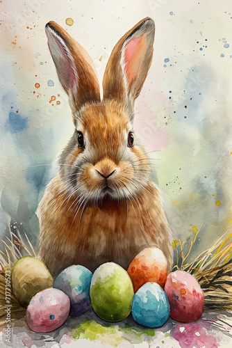 watercolor easter bunny and easter eggs 