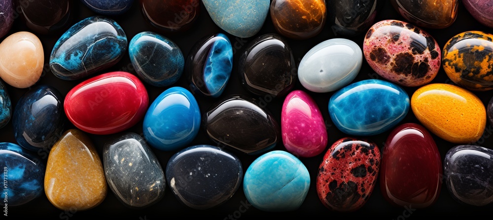 Colorful gemstones on black background, beautiful minerals and crystals for design and decoration Colorful gemstones on black background, beautiful minerals and crystals for design and decoration