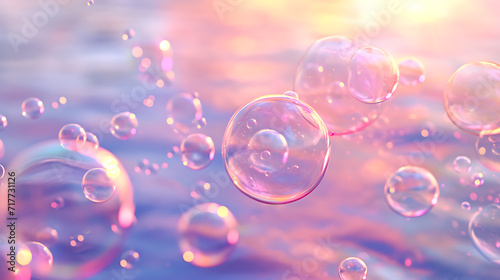 A surreal scene of bubbles in various sizes, each containing a tiny world of love and joy, floating against a serene backdrop © thisisforyou