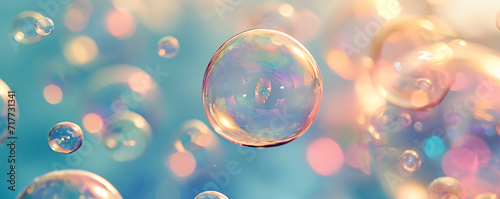A surreal scene of bubbles in various sizes, each containing a tiny world of love and joy, floating against a serene backdrop