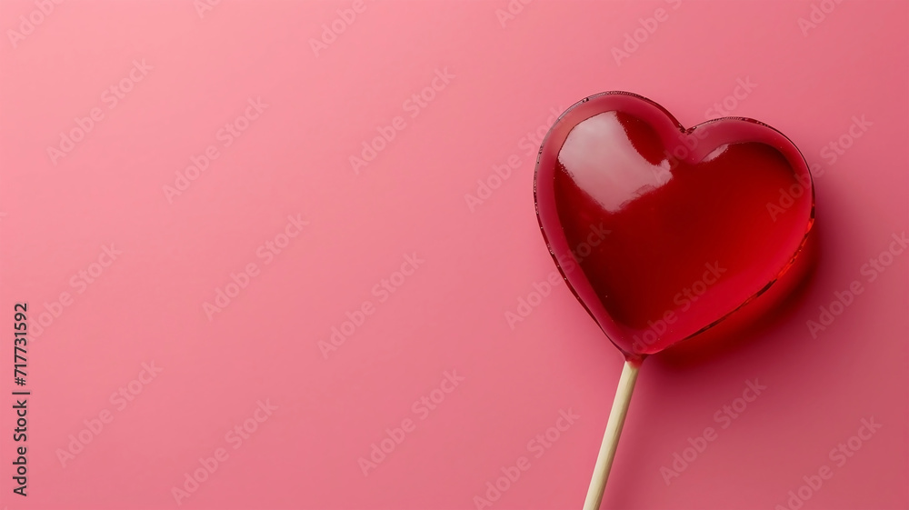 Valentine's day heart shape lollipop candy on empty pastel pink paper background. Love Concept. Knolling top view. Minimalism colorful hipster style.