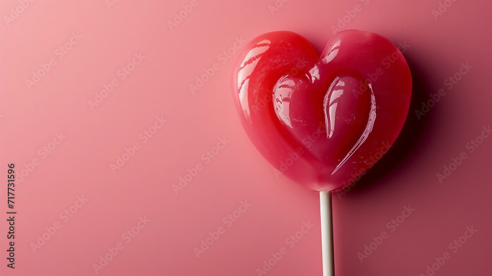 Valentine's day heart shape lollipop candy on empty pastel pink paper background. Love Concept. Knolling top view. Minimalism colorful hipster style.