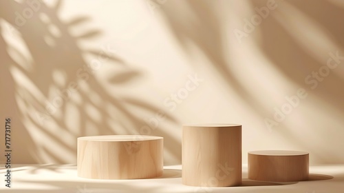 Generative AI : Round wooden saw cut cylinder shape on beige background abstract background. 