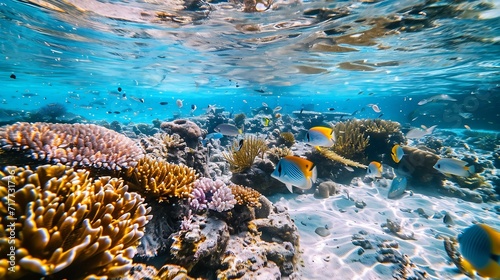 Generative AI : Underwater colorful coral with tropical fish in shallow water, Pacific ocean, Huahine, French Polynesia photo