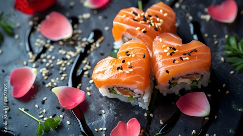 Heart shaped Valentine day sushi. Classic sushi rolls, Philadelphia, dating dinner, dark background photo
