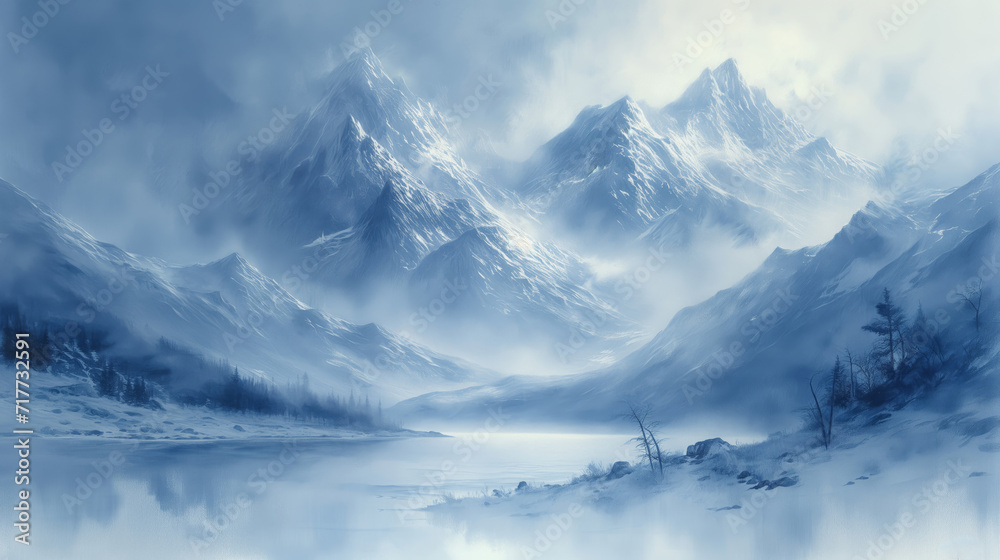 Oil painting illustration style of majestic snowy mountains