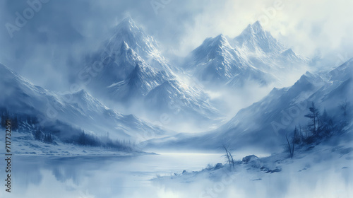 Oil painting illustration style of majestic snowy mountains © Flowal93