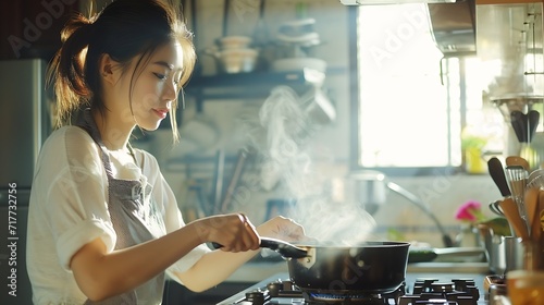 Generative AI   attractive asian woman cooking at kitchen