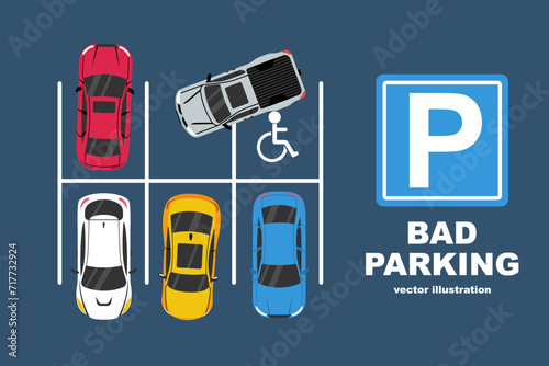 Bad parking. Good and bad parking examples. Top view. Traffic regulations. Rules of the road. Vector illustration flat design. Isolated on white background.