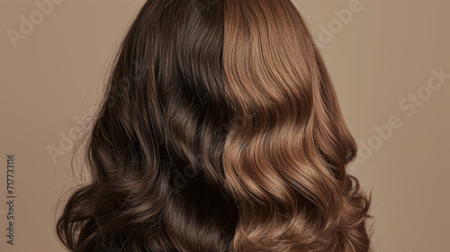 close-up of a person's hair, displaying a range of brown tones with a soft curl, against a neutral background, highlighting the hairstyle and hair color