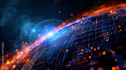 Visualization of digital data and network connections in abstract graphic style with dynamic combination of blue and orange light effects, technology and information flows