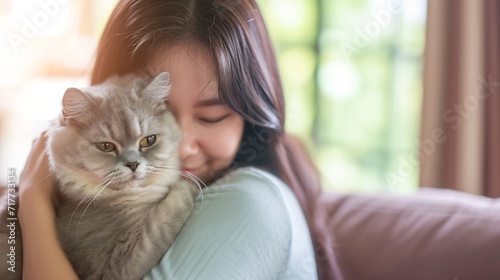 Generative AI : Happy young asian woman hugging cute grey persian cat on couch in living room at home, Adorable domestic pet concept.