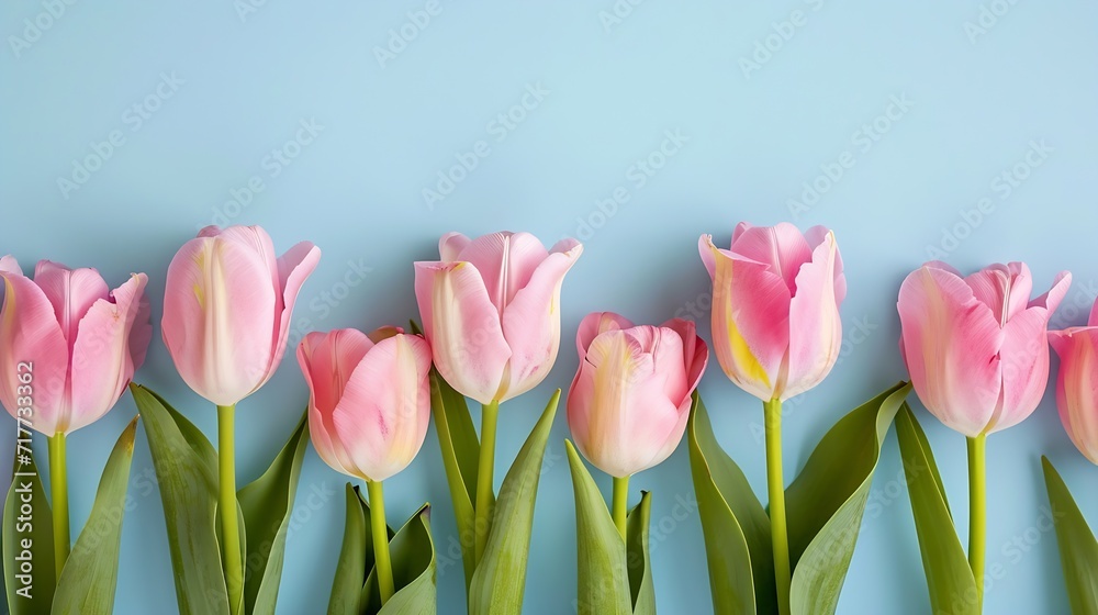 Fototapeta premium Generative AI : Row of several tender pink tulips on blue background. 