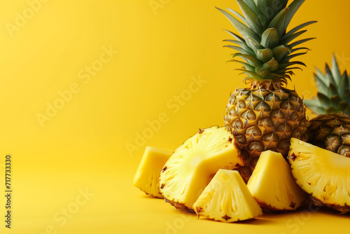 pineapple slices and whole fruit isolated on plain yellow color studio background template frame with copy text space