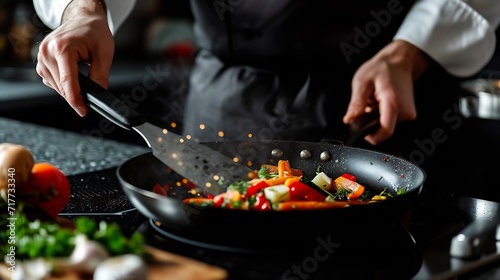 Generative AI : Chef cooking vegetables on a pan. Black background for copy text.