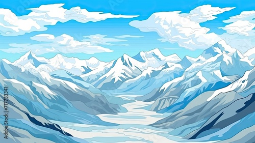 cartoon illustration snow capped mountains under a clear sky with fluffy white clouds.